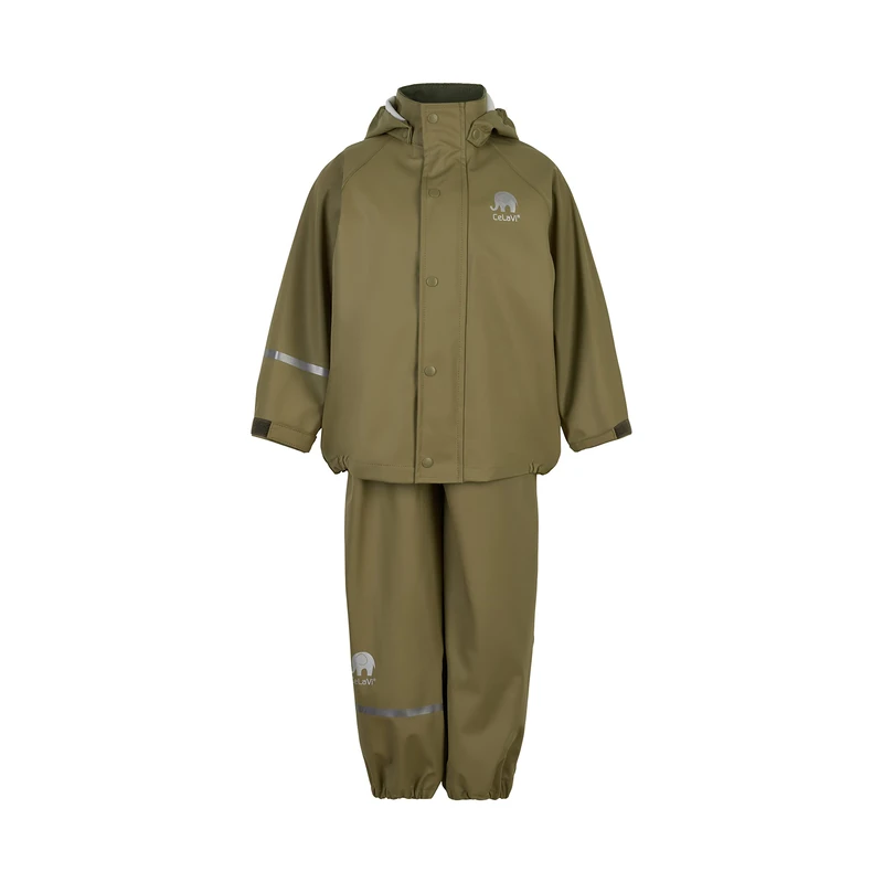 Celavi Kids 100% Waterproof Rain Gear Boys Girls Rain Suit – PU Rain Jacket & Pants Set, Windproof, Reflective Stripes, Outdoor Play Rainwear, Khaki, 70
