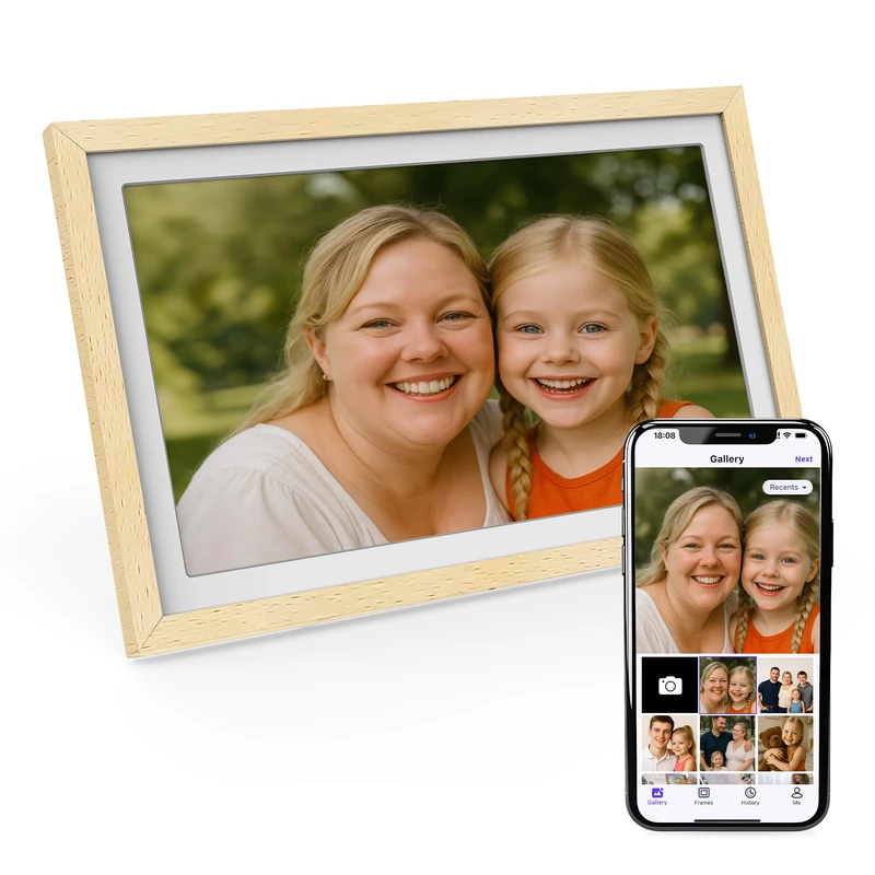 XORO 15 Inch WiFi Digital Picture Frame, 1920 x 1080 Full HD 1080P IPS Touch Display, 32GB Memory, Automatic Rotation, Beech Wood, Share Photos Instantly from Anywhere