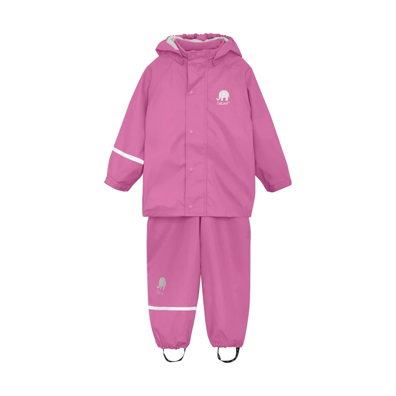 CeLaVi Kids 100% Waterproof Rain Gear Boys Girls Rain Suit – PU Rain Jacket & Pants Set, Windproof, Reflective Stripes, Outdoor Play Rainwear, Real pink, 160 - Image 1