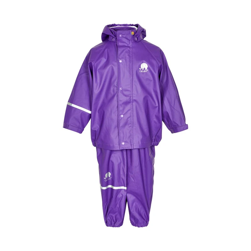 CeLaVi Kids 100% Waterproof Rain Gear Boys Girls Rain Suit – PU Rain Jacket & Pants Set, Windproof, Reflective Stripes, Outdoor Play Rainwear, Purple, 160