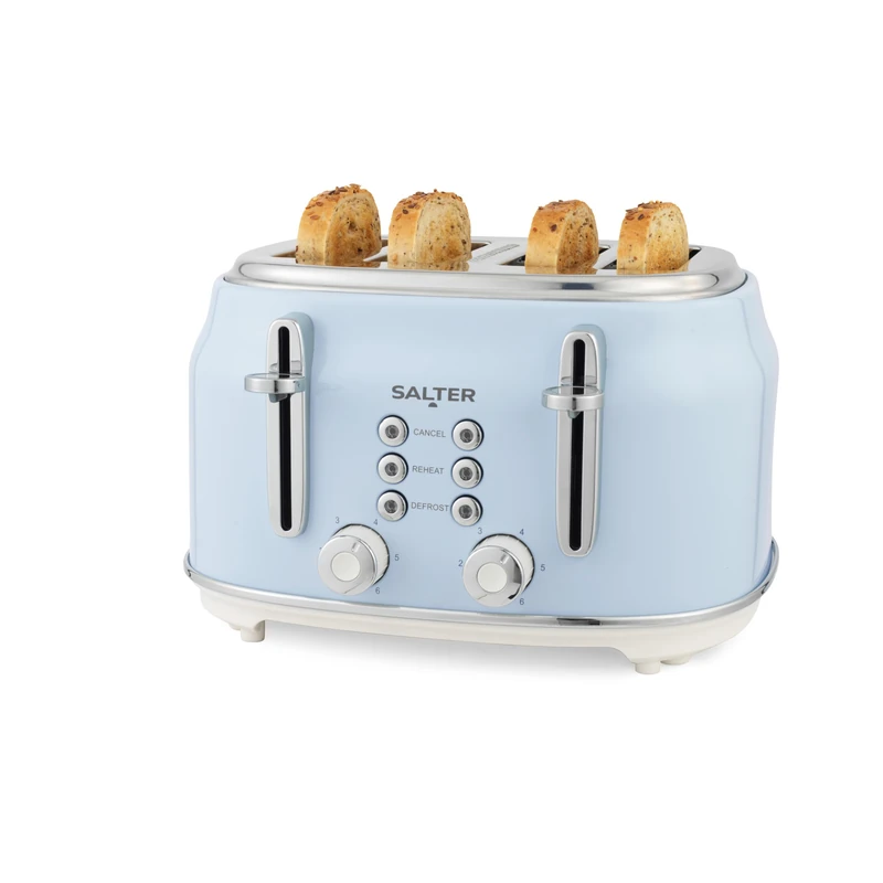 Salter Retro Blue 4-Slice Toaster – Wide Slots, 6 Browning Levels, Defrost, Reheat, Cancel Functions, Removable Crumb Tray, Extra Thick Bread/Bagels, High-Lift Eject, Self-Centring, 1630W