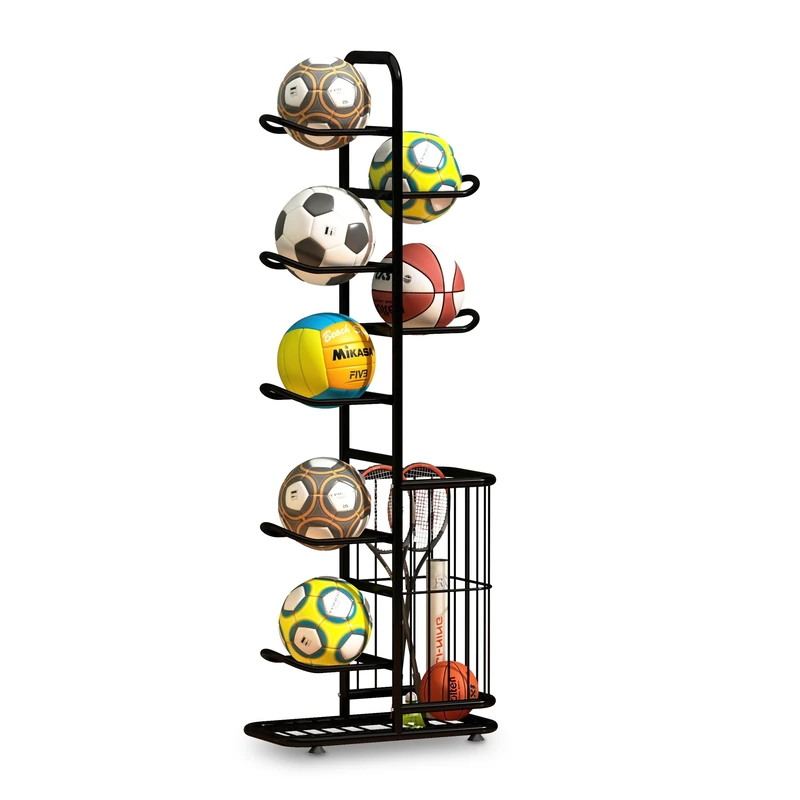 Relaxdays ball rack, 7 balls, with basket, metal, HxWxD: 146 x 58 x 23.5 cm, ball holder for basketball, football, black