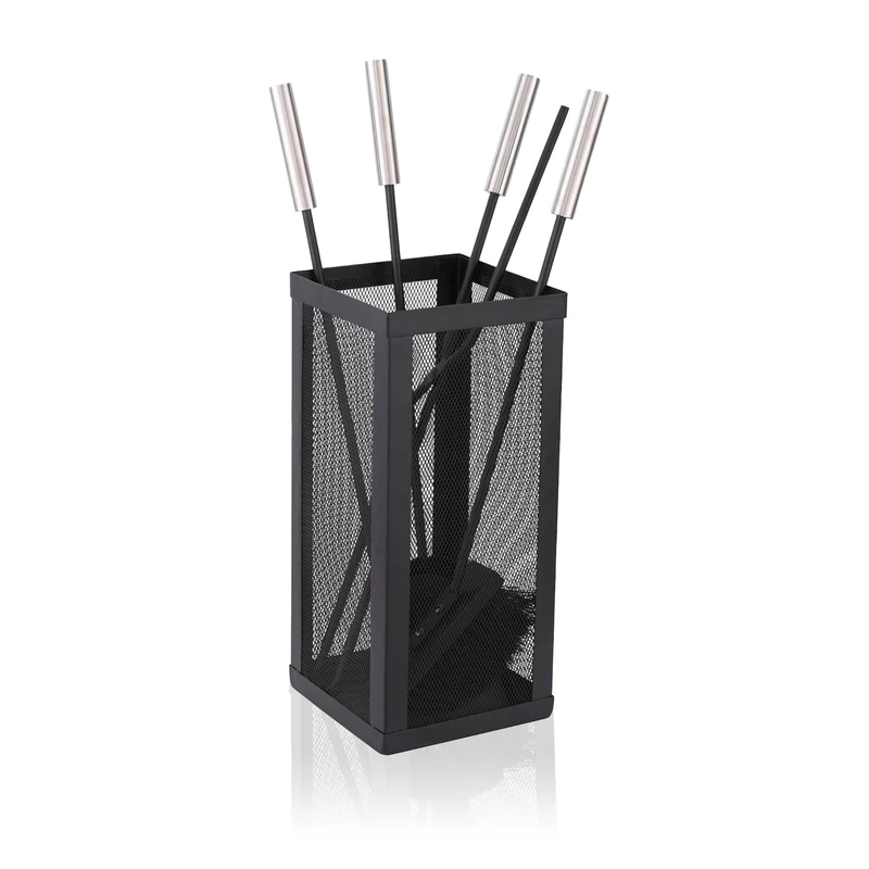 Relaxdays fire tools, 5-piece set, poker, ash shovel, brush, tongs & holder, fireplace set, black/silver