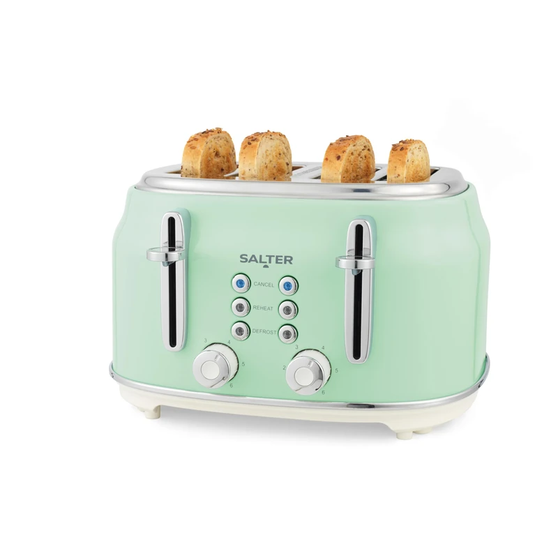 Salter Retro Green 4-Slice Toaster – Wide Slots, 6 Browning Levels, Defrost, Reheat, Cancel Functions, Removable Crumb Tray, Extra Thick Bread, High-Lift Eject, Self-Centring, Vintage Design, 1630W