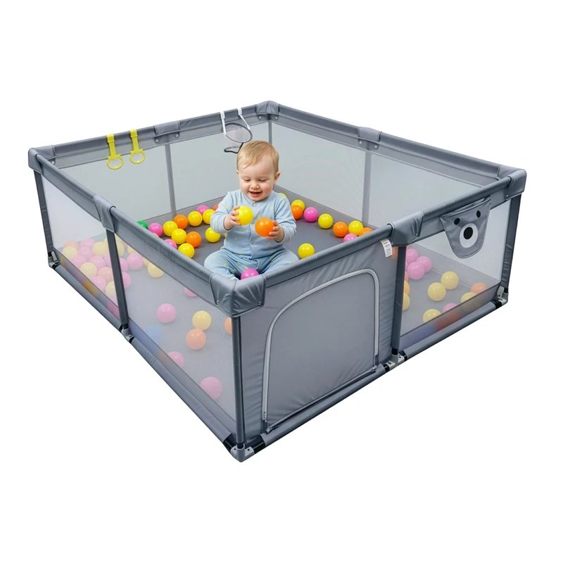 Relaxdays Baby Playpen with Balls & Rings, 120x150cm Oxford Fabric, Safe Grey Play Area
