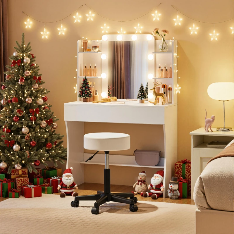 Yaheetech Dressing Table with Mirror and 10 LED Lights, Vanity Desk with 3 Colour Modes, Makeup Desk with Drawer and 5 Storage Shelves for Bedroom, Living Room, 90 x 40 x 136 cm, White