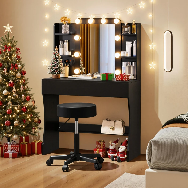 Yaheetech Dressing Table with Mirror and 10 LED Lights, Vanity Desk with 3 Colour Modes, Makeup Desk with Drawer and 5 Storage Shelves for Bedroom, Living Room, 90 x 40 x 136 cm, Black - Image 1