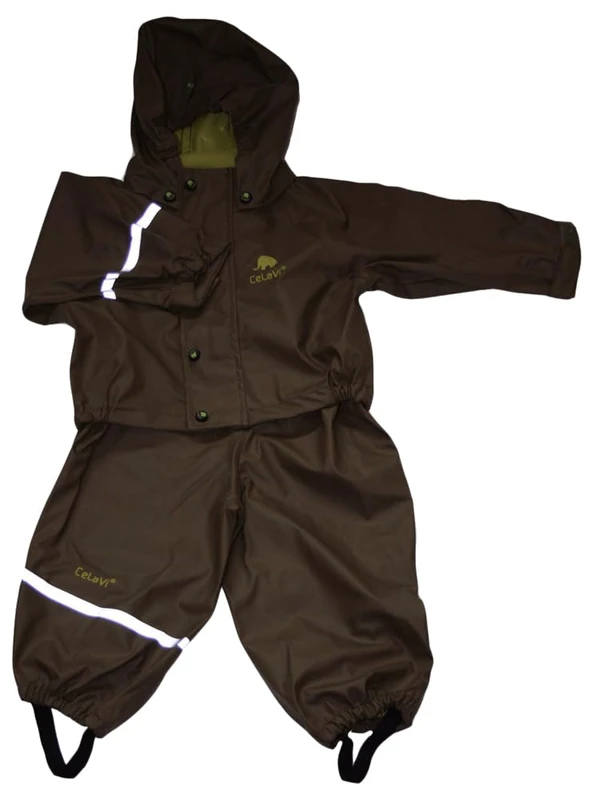 Celavi Kids 100% Waterproof Rain Gear Boys Girls Rain Suit – PU Rain Jacket & Pants Set, Windproof, Reflective Stripes, Outdoor Play Rainwear, Earth Brown, 170
