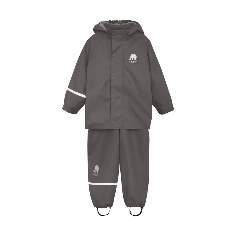 CeLaVi Kids 100% Waterproof Rain Gear Boys Girls Rain Suit – PU Rain Jacket & Pants Set, Windproof, Reflective Stripes, Outdoor Play Rainwear, Grey, 170