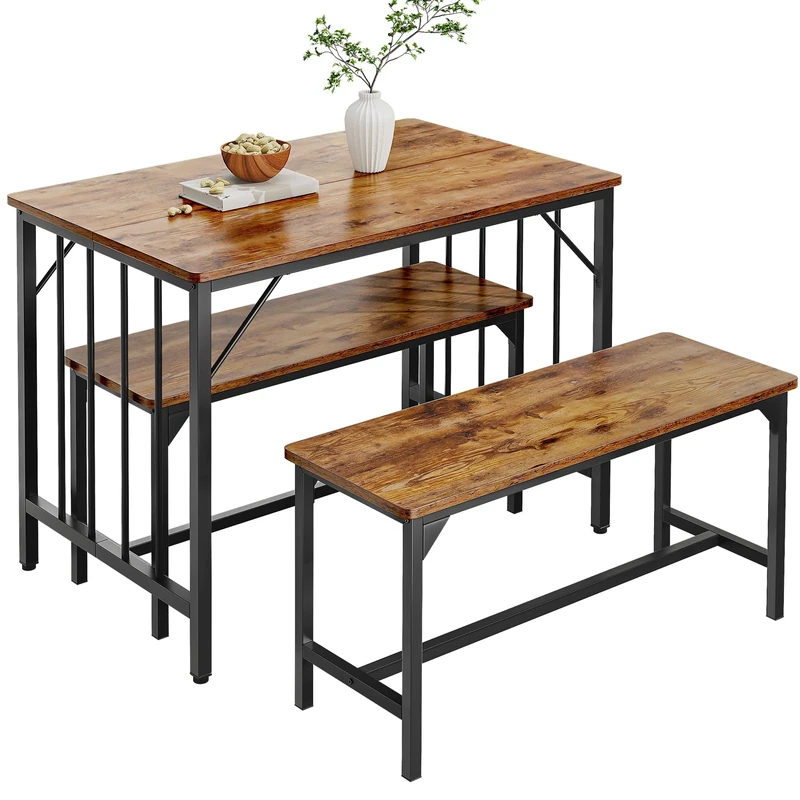 YITAHOME Dining Table and 2 Chairs Set, 3 Piece Dining Room Set with Bench, Space Saving Breakfast Dining Table Set Dining Room Furniture for Kitchen, Apartment, Rustic Brown