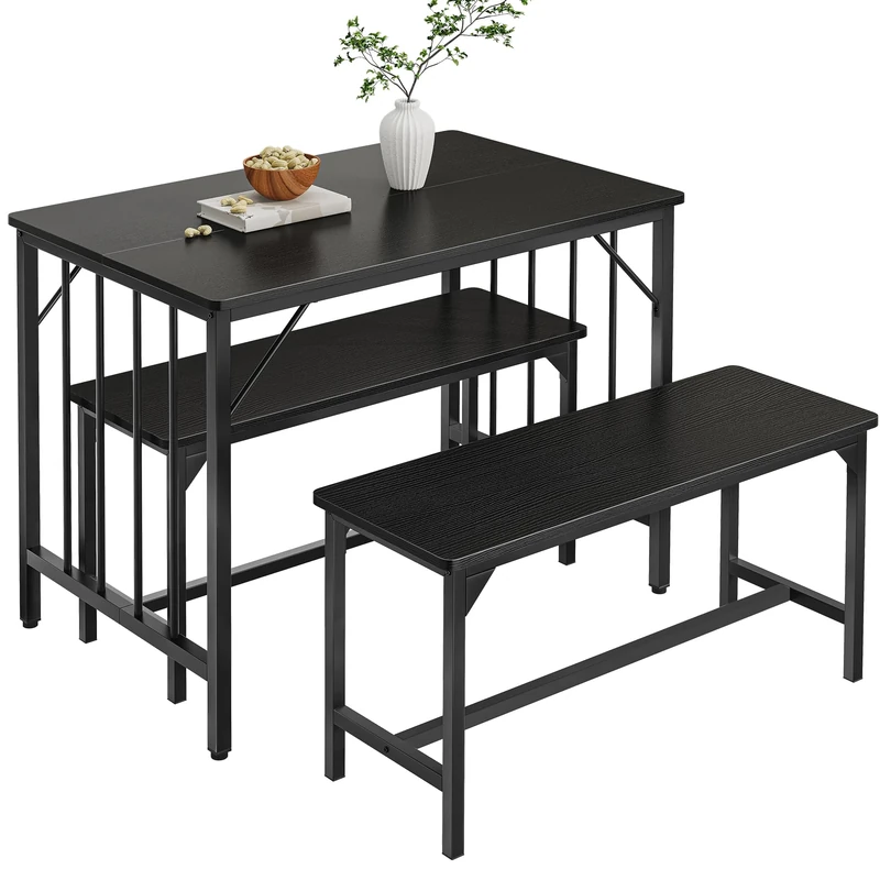 YITAHOME Dining Table and 2 Chairs Set, 3 Piece Dining Room Set with Bench, Space Saving Breakfast Dining Table Set Dining Room Furniture for Kitchen, Apartment, Black