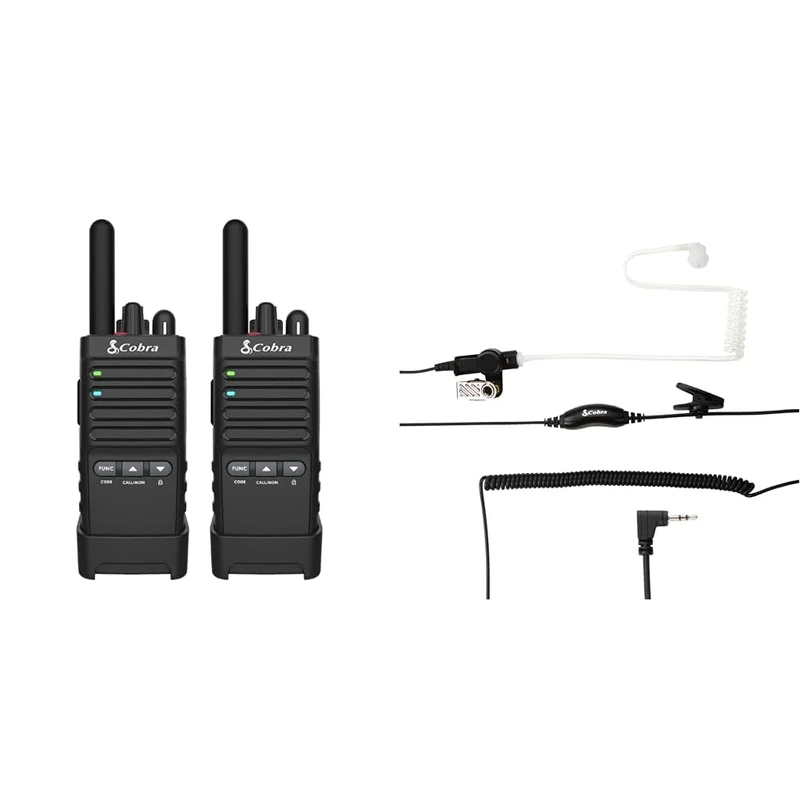 Cobra PX650 Professional Walkie Talkies and Surveillance Headset with Microphone Bundle - Business Two-Way Radio, Dust Protected and Splashproof, Black (2-Pack)