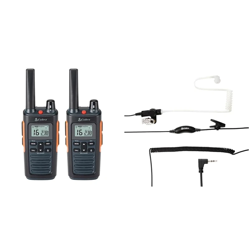 Cobra RX680 Walkie Talkies and Surveillance Headset with Microphone Bundle - Recreational and Business Rechargeable Two-Way Radios, Dust Protected and Splashproof, Black and Orange (2-Pack)