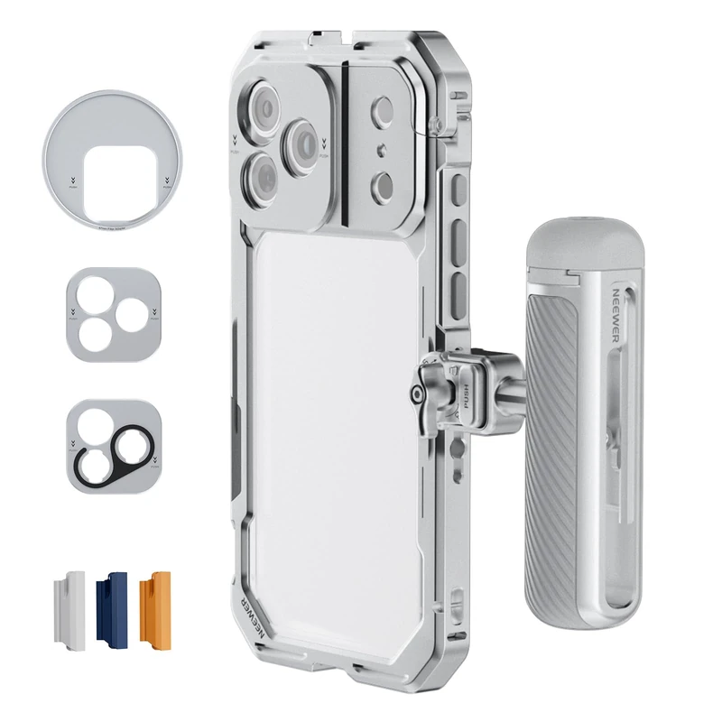 NEEWER Phone Cage Kit Compatible with iPhone 17 Pro Only, Video Rig Stabilizer Accessories with 67mm Filter Ring, 17mm & T Mount Lens Backplates, Quick Release Bluetooth Handle, PA143 (Silver)