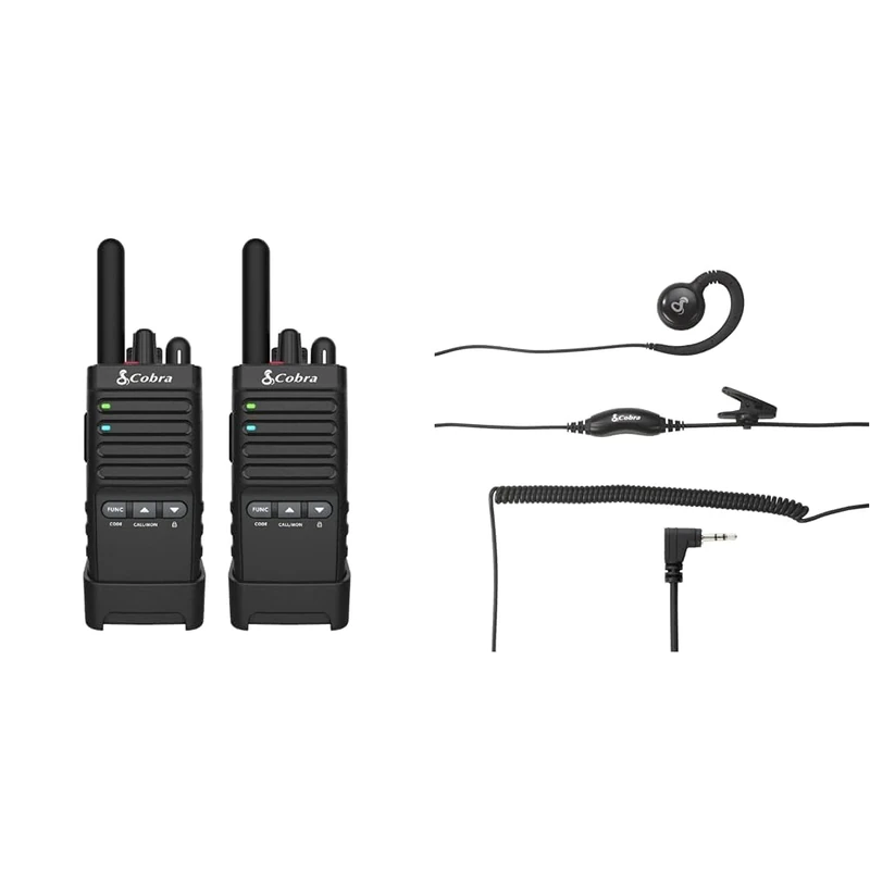 Cobra PX650 Professional Walkie Talkies and Swivel Wrap Over-the-Ear Headset Bundle - Business Two-Way Radio, Dust Protected and Splashproof, Black (2-Pack)