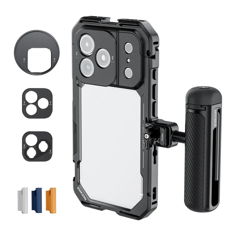 NEEWER Phone Cage Kit Compatible with iPhone 17 Pro Only, Video Rig Stabilizer Accessories with 67mm Filter Ring, 17mm & T Mount Lens Backplates, Quick Release Bluetooth Handle, PA143 (Black)