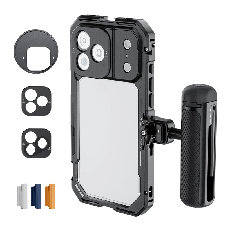 NEEWER Phone Cage Kit Compatible with iPhone 17 Pro Max Only, Video Rig Stabilizer Accessories with 67mm Filter Ring, 17mm & T Mount Lens Backplates, Quick Release Bluetooth Handle, PA144 (Black)