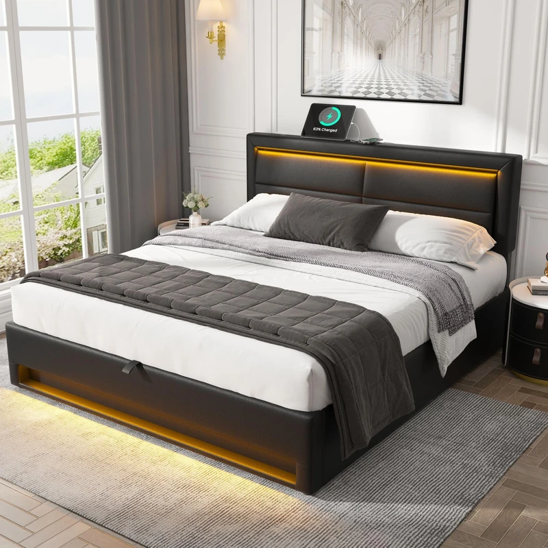 Ball & Cast 4ft6 Upholstered Double Bed with Charging Port & Lighting,135x190cm Soft Sponge Headboard, PU & Plywood Frame, Beige (No Mattress) - Image 1