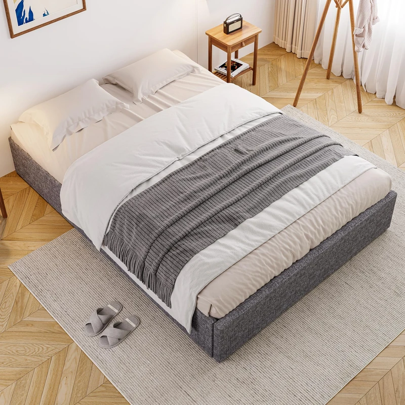 Ball & Cast Double Bed with Storage, Upholstered Bed, 4ft6 double bed 135x190cm, With 4 drawers, Iron bed legs, Durable and Sturdy, Youth bed, for adults & teenagers, Linen+Iron, Grey