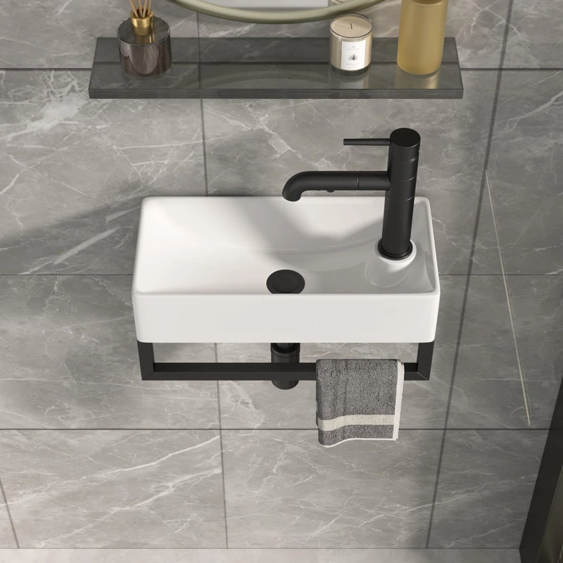 GhomeG Wall Mount Corner Vessel Sink with Towel Rack 17.52x8.66 Inch