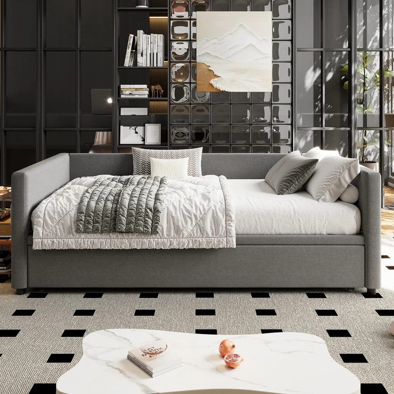 Ball & Cast Upholstered Bed, 3ft Single Bed 90x190cm, Bottom with Bed 90x190cm, Can Be Joined into a Double Daybed Sofa Bed, For Adults & Teenagers, Easy Assembly, Linen, Grey