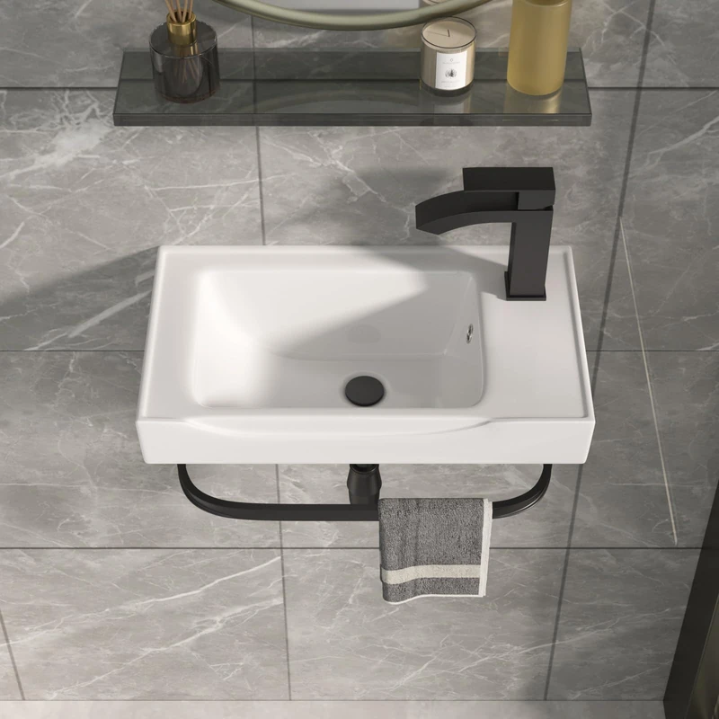 GhomeG Wall Mount Corner Vessel Sink with Towel Rack 20x11 Inch