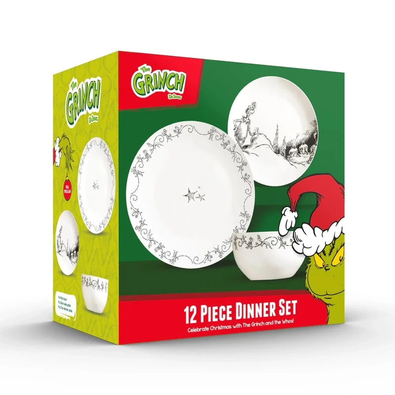 The Grinch™ 12-Piece Porcelain Dinner Set, 4 Place Settings, 27cm Dinner Plates, 20cm Side Plates, 14cm Bowls, Christmas Collection, Microwave and Dishwasher Safe