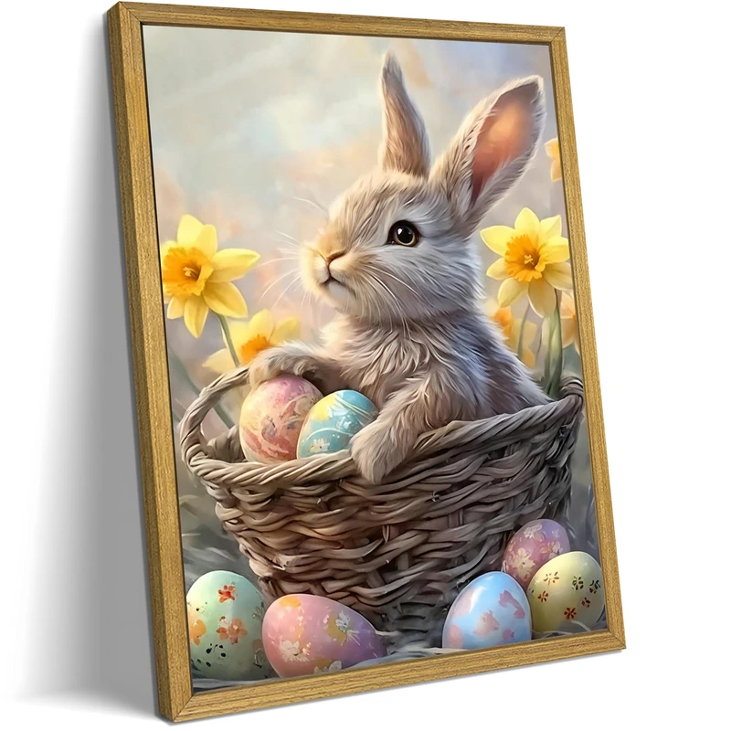 Wood framed Easter bunny wall art, vintage Easter bunny menu poster print wall decoration 16x24 inches