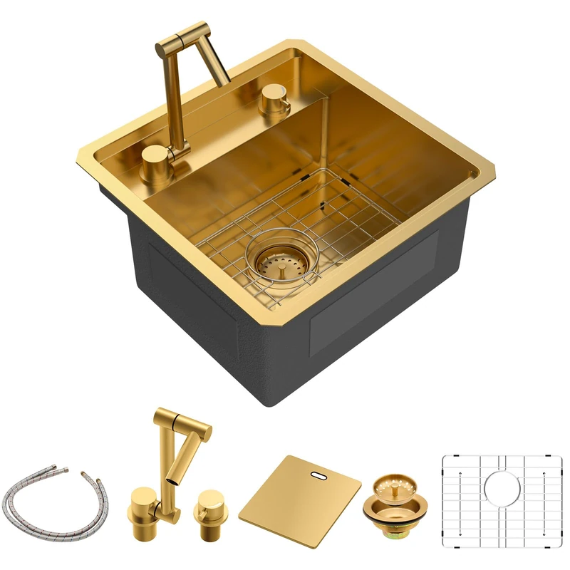 Sarlai Undermount Bar Sink - 18 Inch Gold Undermount Kitchen Sink Workstation with Foldable Faucet 18x18 Inch Outdoor Bar Prep Single Bowl Gold Sinks 16 Gauge Stainless Steel BBQ Basin with Cover
