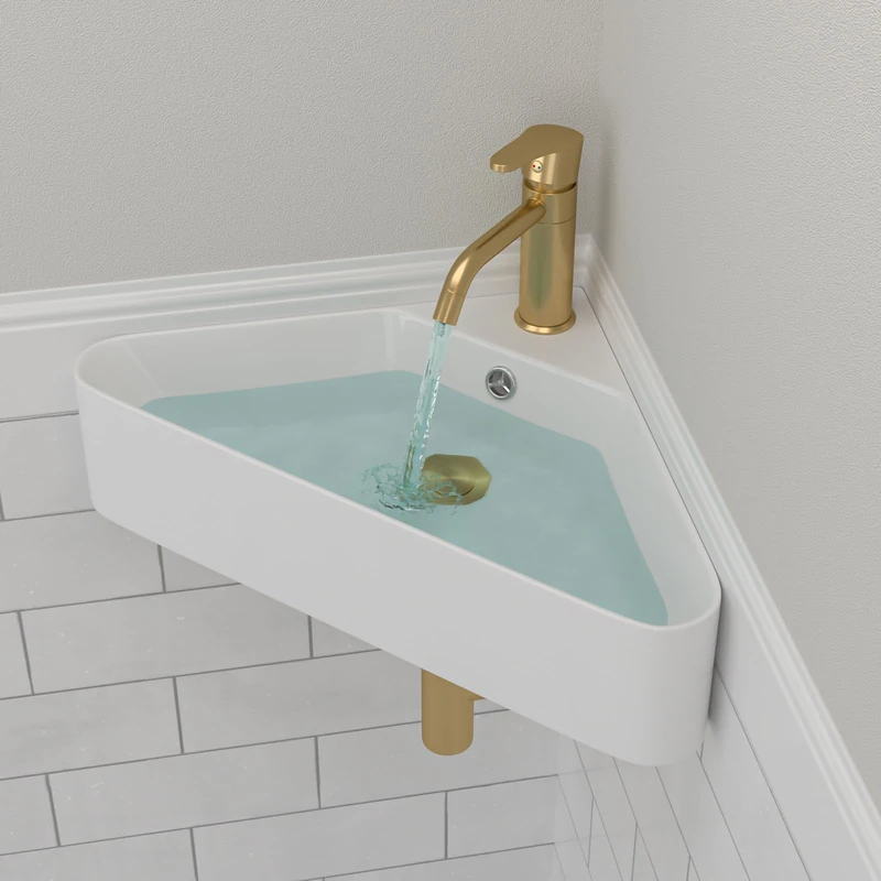 Floating Wall Mount Sink, Small Space-Saving Bathroom Sinks - Beslend 21"x8" Inch White Ceramic Vessel Sink, Triangle Corner Sinks Art Basin with Overflow and Single Hole