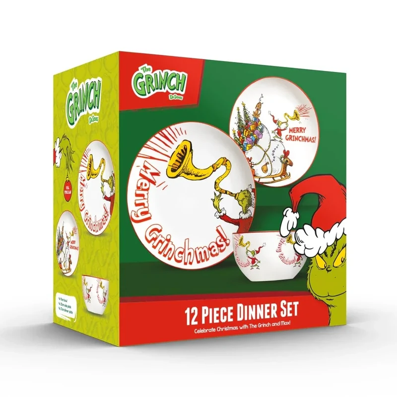The Grinch™ Merry Grinchmas 12-Piece Porcelain Dinner Set, 27cm Dinner Plates, 20cm Side Plates, 14cm Bowls, Christmas Collection, Microwave and Dishwasher Safe
