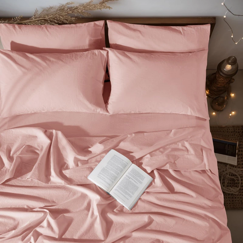 LBRO2M 100% Linen Sheet Set King Size, Bed Sheets 6 Piece Sets,Solid Color Natural Flax Bed Sheets Soft Breathable Bedding,16" Deep Pocket,All Season (King, Blush Pink)