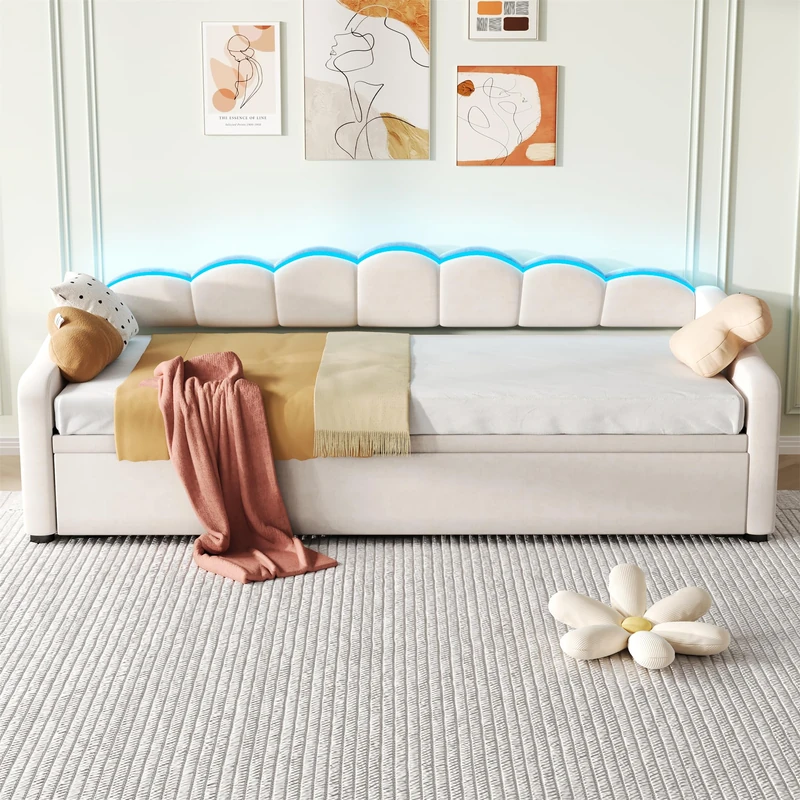 Ball & Cast DUpholstered Daybed 3ft-90x190cm, Sofa Bed with Charging Station, Velvet Single Bed with USB and Type - C Ports, Pull Out Trundle Bed for Living Room/Bedroom, Beige (No Mattress)