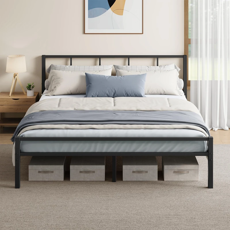 VASAGLE King Bed Frame, 150 x 200 cm, with Slats and Headboard, Metal Platform Bed, Supports Up to 500 kg, Easy Assembly, Modern Bedroom Furniture, Ink Black RMB297B101