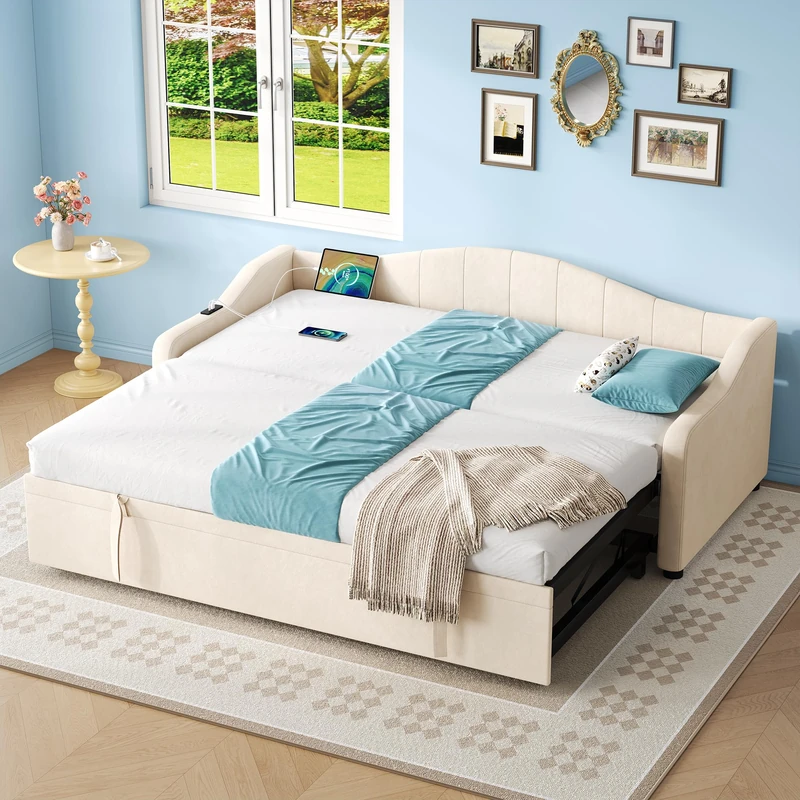 Ball & Cast Daybed with Pull out Trundle Bed and RGB LED Lighting, 3FT Single Functional Upholstered Bed 90x190 cm,Sofa Beds Youth Beds For Adults & Teenagers, Velvet, Pink, No Mattress