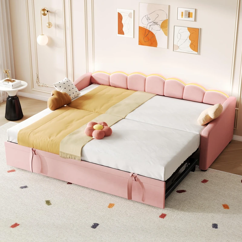 Ball & Cast Daybed with Pull out Trundle Bed and RGB LED Lighting, 3FT Single Upholstered Bed 90x190 cm, Petal Shape Guest Sofa Beds Youth Beds For Adults & Teenagers, Velvet,Pink,No Mattress