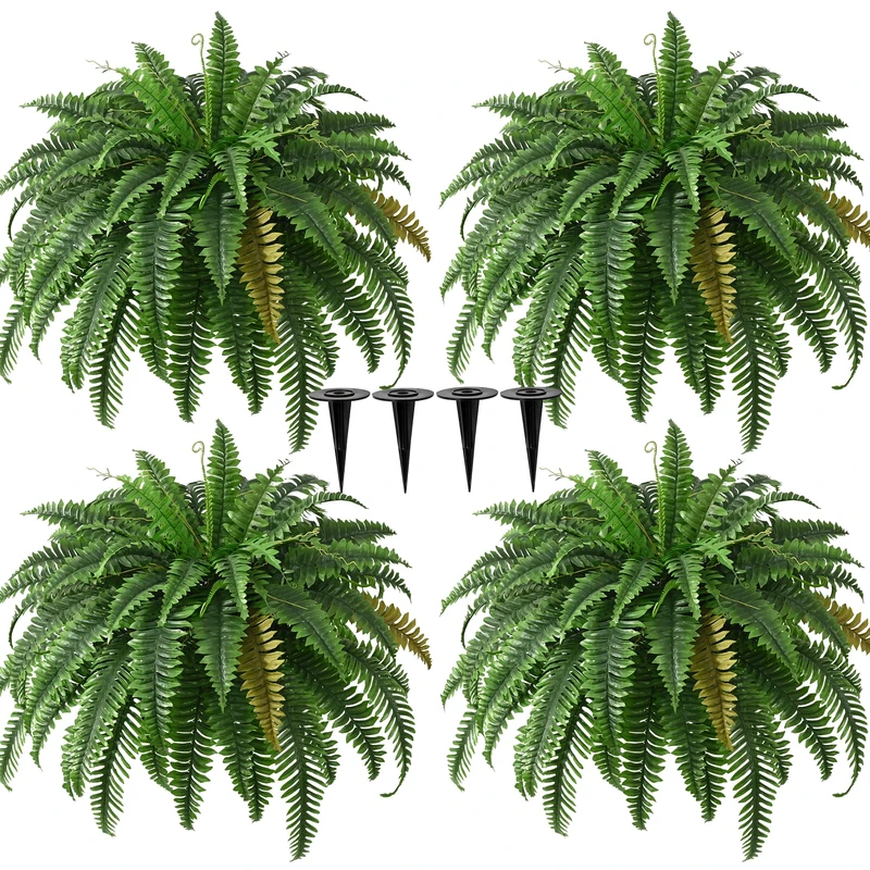 4PCS 45in Fake Ferns- Outdoor Faux Plants, Large UV Resistant Artificial Ferns for Outdoors, Weatherproof Faux Boston Fern Realistic Fake Artificial Plant for Porch Home Garden Patio Hanging Decor