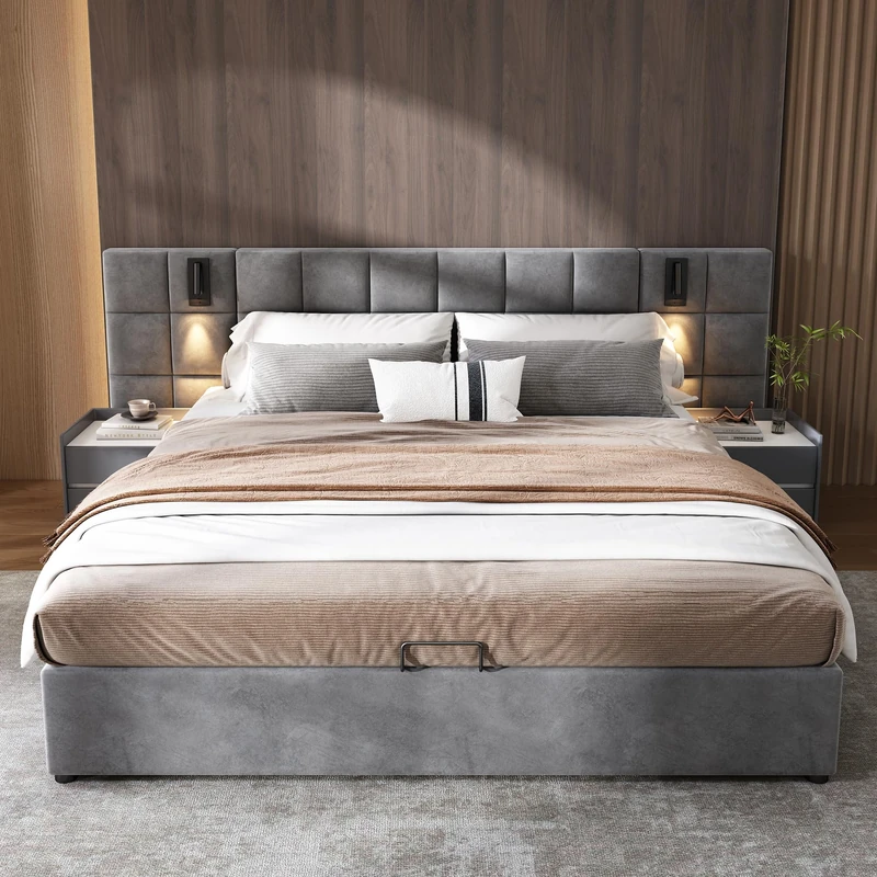 Ball & Cast Upholstered bed, King Size Bed-5ft(150 * 200cm), hydraulic storage bed with directional lamp and USB charging, wide headboard, checkerboard pattern, velvet, grey