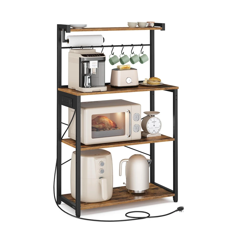VASAGLE Kitchen Bakers Rack with Power Outlet, 4-Tier Coffee Bar with 8 S Hooks, Adjustable Shelf, Microwave Stand, Paper Towel Holder, 40 x 80 x 140 cm, Rustic Brown and Ink Black KKS029KD03