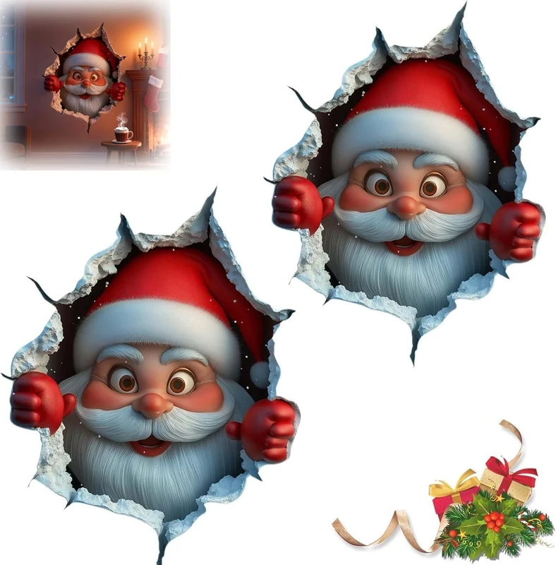 2pcs Christmas Wall Stickers - Large Santa Claus Wallbreaking Christmas Stickers, 3D Wall-Breaking Santa Claus Wall Decal, Peel and Stick, Removable Winter Xm-as Decor for Party Kitchen Living Room