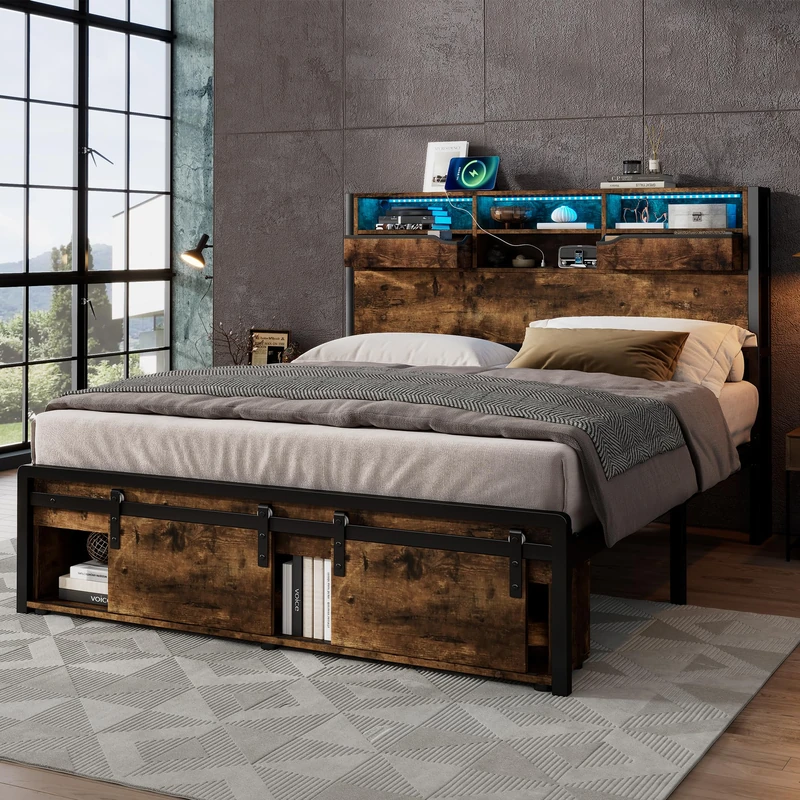 Ball & Cast 4ft6 Metal Bed Double Bed 135x190cm with LED Strip Lights, 2 Charging Ports (A-type & C-type), Storage Headboard & Footboard, Black & Wood Color - No Matress