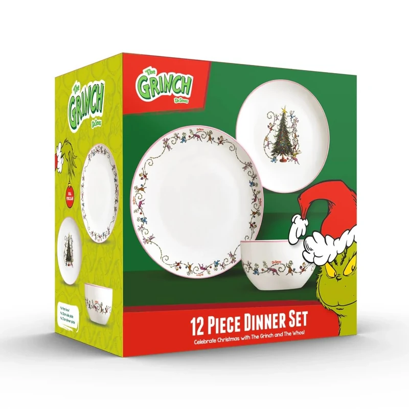 The Grinch™ Cindy & The Whos 12-Piece Porcelain Dinner Set, Gloss Finish, Christmas Festive Pattern, Microwave and Dishwasher Safe, Dr. Seuss Collection