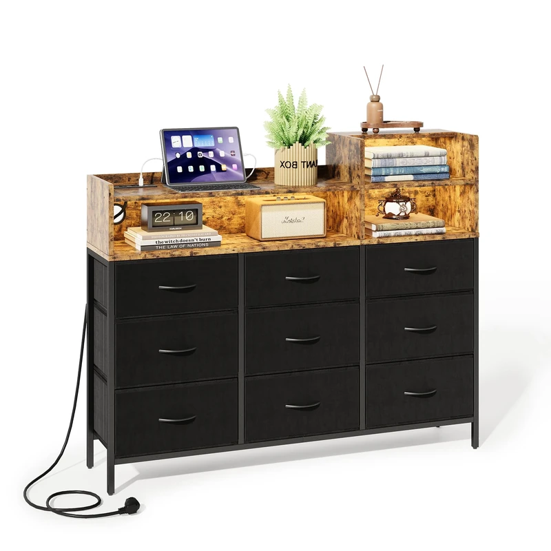 IRONCK Chest of Drawers with LED Light and Charging Station, 9 Fabric Drawers & 3 Wooden Open-Shelf Dresser, Modern Storage Organizer Cabinet for Bedroom Living Room, Hallway,130x108x30CM(Brown Black)