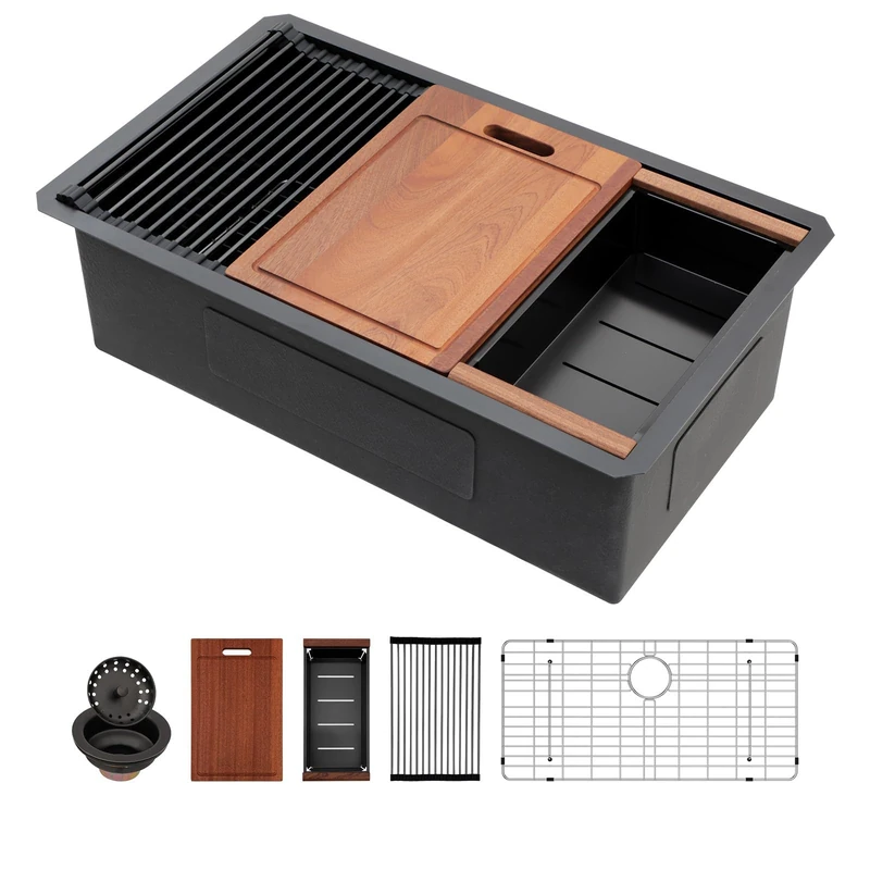 Sarlai 30 Matte Black Undermount Kitchen Sink Workstation - 30x18 Inch Kitchen Sinks with Ledge Nano-Tech Round Corner 16 Gauge Stainless Steel Single Bowl Sink Basin