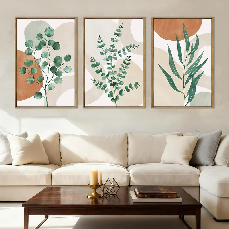 Anyzal Framed Boho Botanical Wall Art Large 16x24 Inch Abstract Green Plant Canvas Wall Decor Bohemian Modern pictures Painting for Living room Bedroom Dining room Set of 3