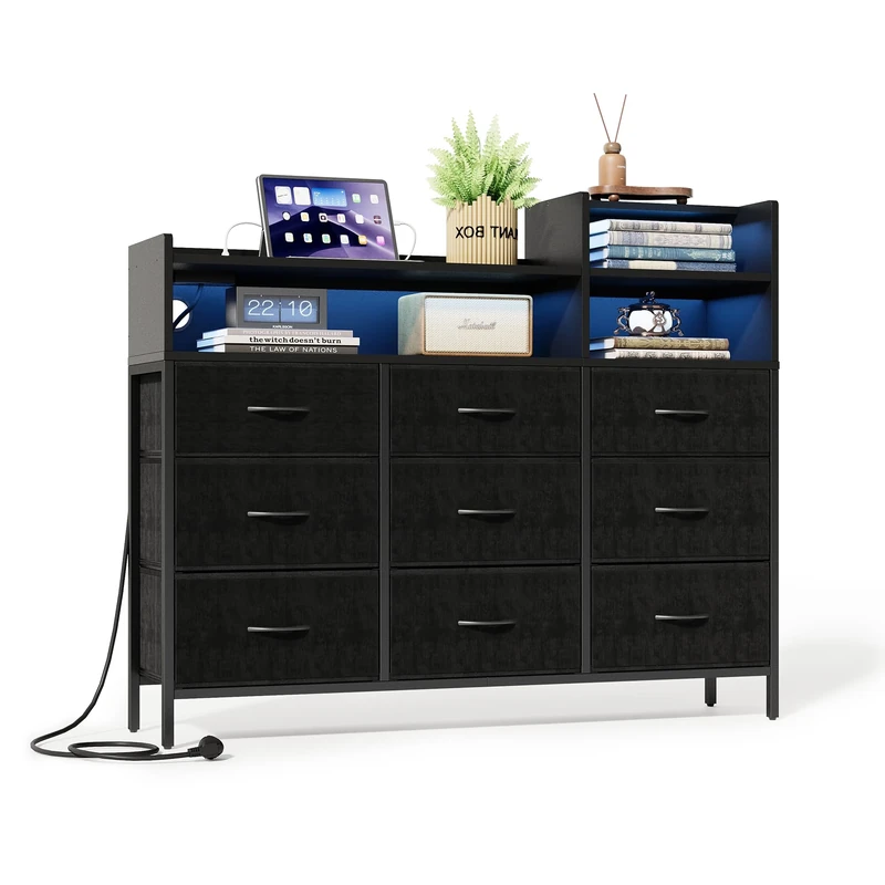 IRONCK Chest of Drawers with LED Light and Charging Station, 9 Fabric Drawers & 3 Wooden Open-Shelf Dresser, Modern Storage Organizer Cabinet for Bedroom, Living Room, Hallway,130 x 108 x 30CM (Black)