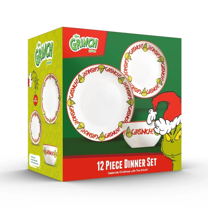 The Grinch™ 12-Piece Porcelain Dinnerware Set, 27cm Dinner Plates, 20cm Side Plates, 14cm Bowls, Christmas Collection, Microwave and Dishwasher Safe