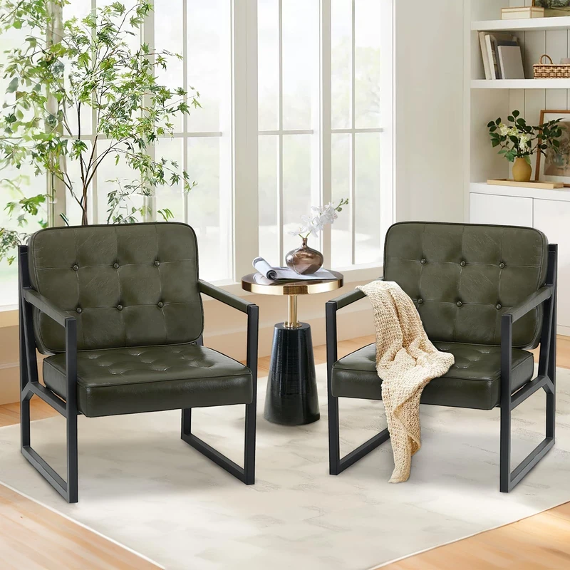 COLAMY Mid Century Modern Accent Chair Set of 2, Comfy Living Room Armchair with Metal Legs, Faux Leather Reception Arm Chair for Living Room Bedroom Reception Office, Green