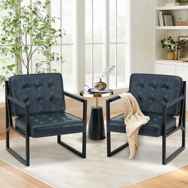 COLAMY Mid Century Modern Accent Chair Set of 2, Comfy Living Room Armchair with Metal Legs, Faux Leather Reception Arm Chair for Living Room Bedroom Reception Office, Blue
