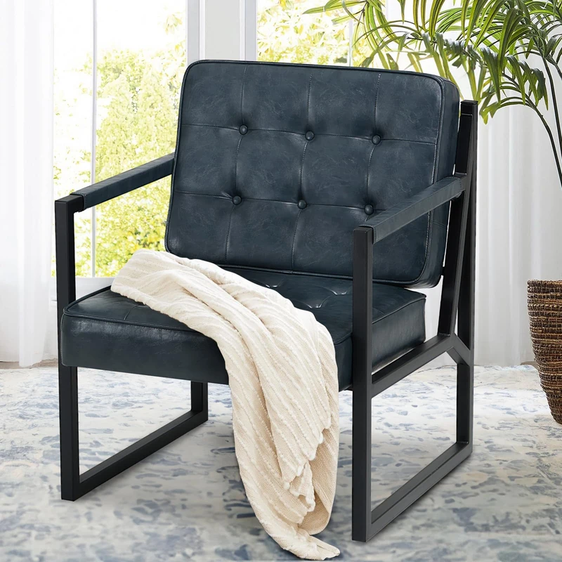 COLAMY Mid Century Modern Accent Chair Set of 1, Comfy Living Room Armchair with Metal Legs, Faux Leather Reception Arm Chair for Living Room Bedroom Reception Office, Blue
